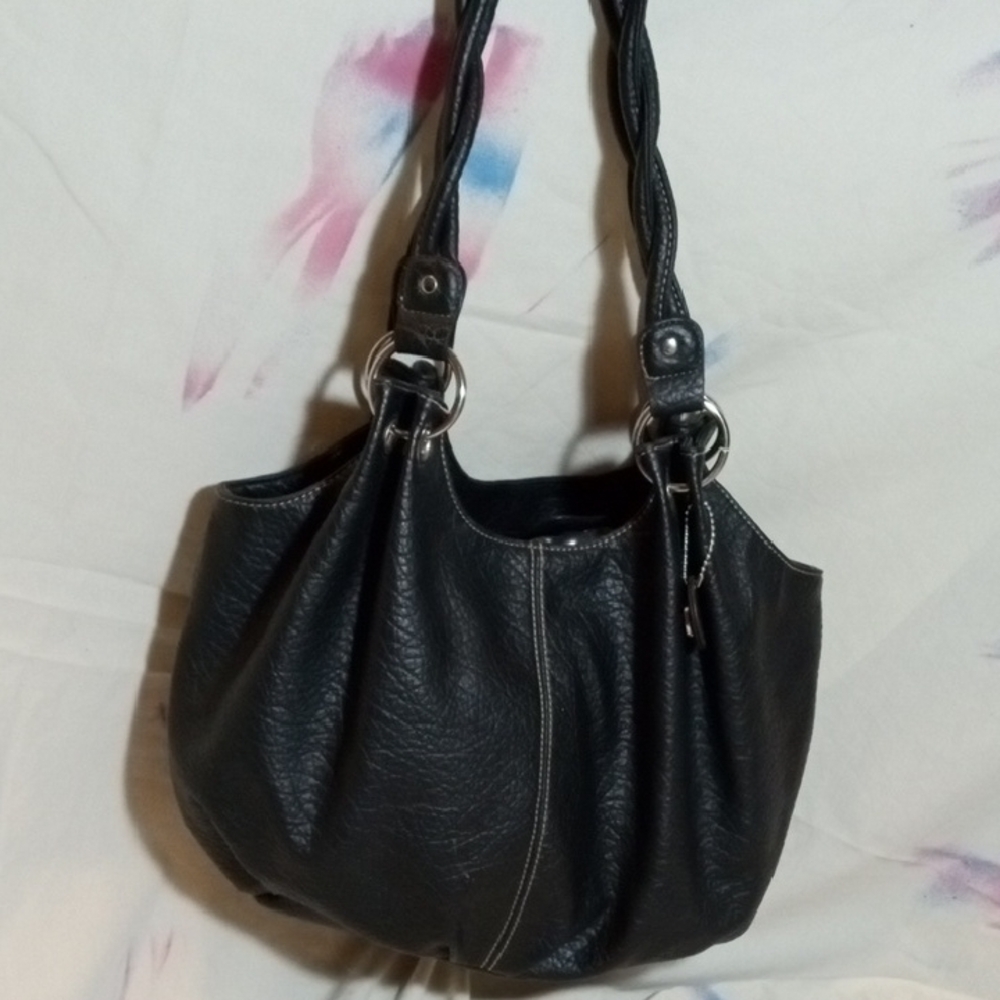 Vintage Payless Shoe source Black Faux Leather Shoulder Bag with Textured Design